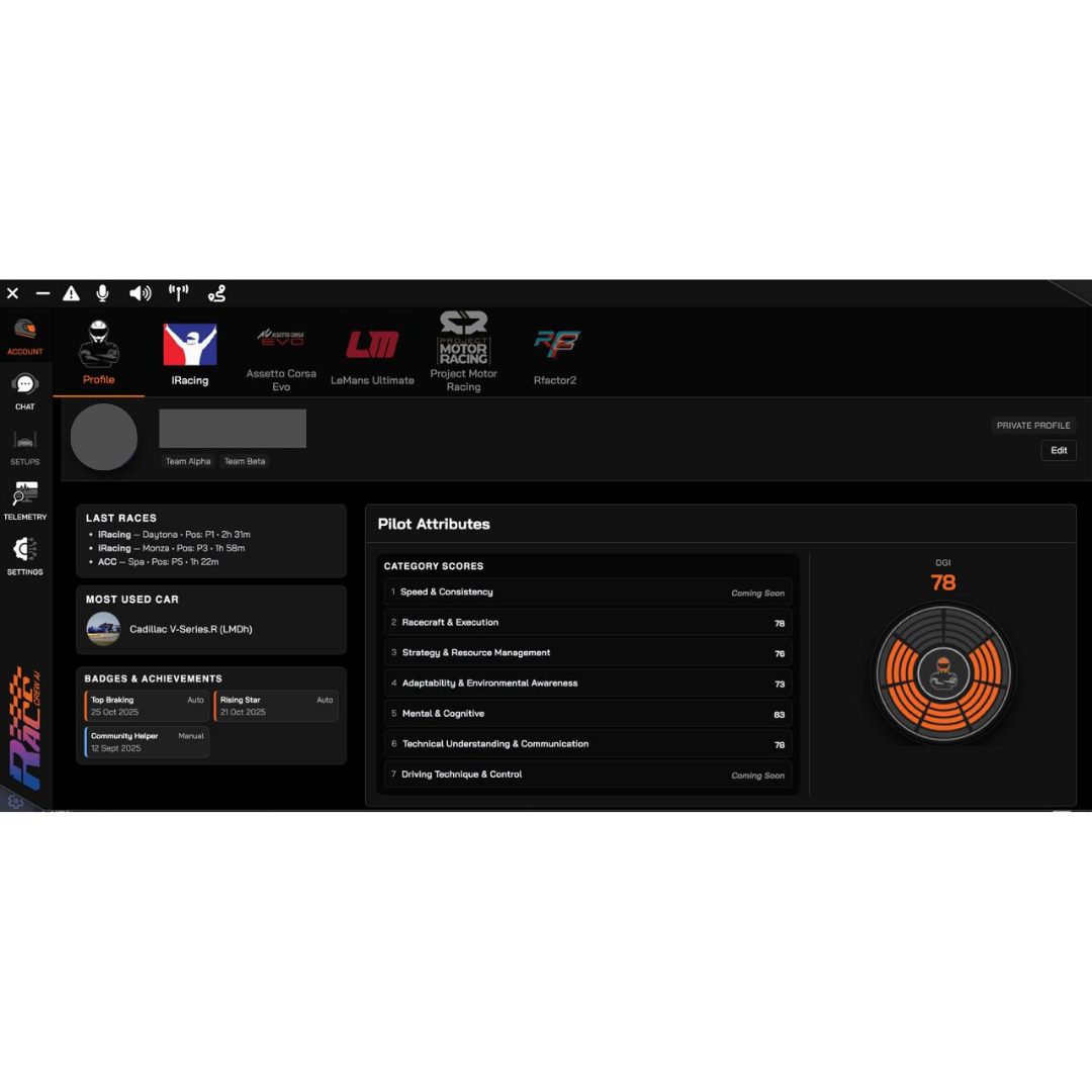 Anonymised driver profile screen